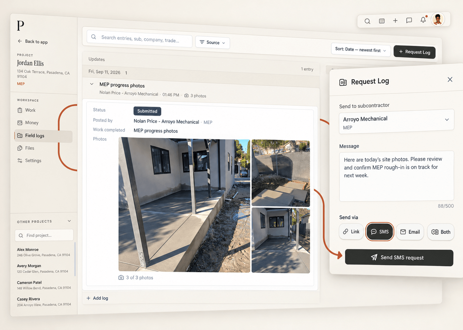 Pillar field log with large project photos and the Request Log SMS form